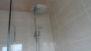 Thermostatic fixed head rain shower with hand held shower remote.