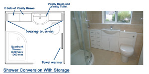 Shower Room With Vanity Storage Floor Plan and Image of Fitted Shower Room