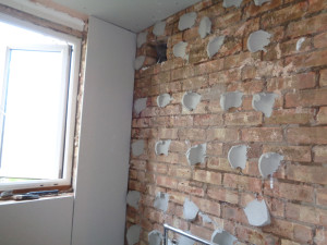 Bathroom wall back to brick
