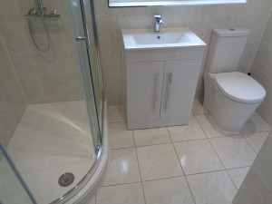 Curved Shower with Storage Basin and Easy clean Toilet
