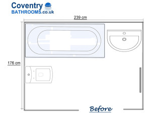 Bathroom Floor Plan with Bath, toilet, basin and radiator