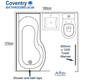 Bathroom Design with P Shaped Shower Bath Vanity Basin Toilet and Towel Warmer