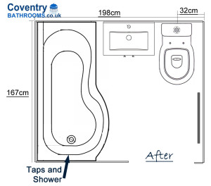 The new bathroom floor plan with shower bath