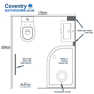 Shower Floor plan with basin toilet and chrome towel warmer