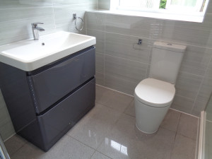 Modern Easy Clean Toilet with Soft close seat, vanity basin in high gloss grey