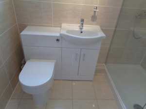 Mobility Bathroom Walls and Floor Fully Tiled with Beige Bathroom Tiles