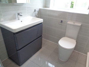 Modern grey vanity basin with easy clean toilet