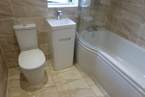 Easy Clean Toilet Space Saving Vanity Basin with P Shaped Bath in Coventry Bathroom