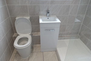 Toilet Space Saving Vanity Basin and Walk In Shower Tray