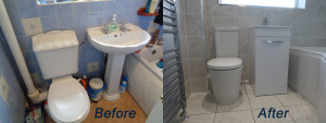 Bathroom before and after image showing the transformation of the bathroom refit