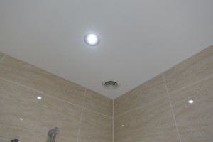 Extractor fan fitted above a shower in the ceiling in a bathroom