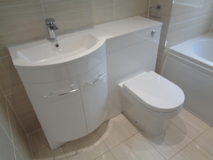P shaped Luxury Vanity Basin high gloss white with a white basin and counter top