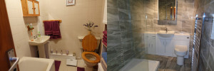 Bathroom before image and after image with walk in shower room