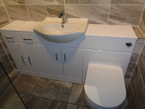 Wall to wall bathroom vanity storage basin, toilet draws and cupboards