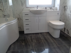 Combination vanity toilet basin and draw unit with black and white tiles