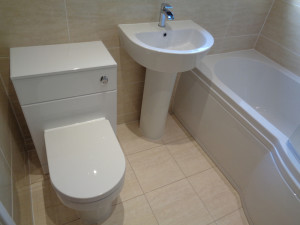 Bathroom with Vanity Toilet, Pedestal Basin and Shower Bath