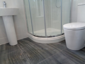 Pedestal basin with quadrant shower, toilet and black floor tile