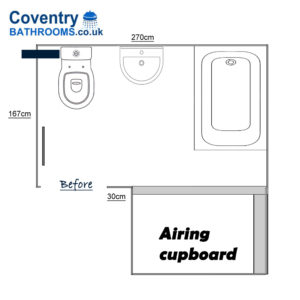 Bathroom layout and design with separate airing cupboard