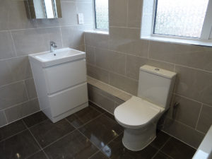 Bathroom with back to wall toilet and vanity basin