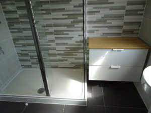 Walk in shower room with storage and feature tiled wall