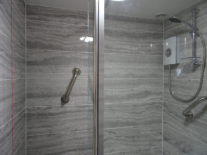 Mobility bathroom with hand rails and triton electric shower