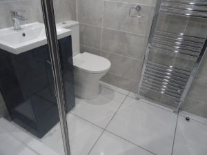 Mobility bathroom with glass shower screen