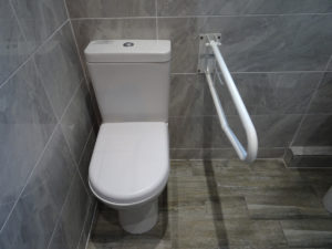 Comfort Height Toilet with drop down Grab rail