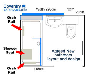 Mobility Bathroom Shower room layout design drawing and plan Coventry